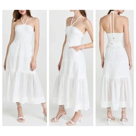 A.L.C. Adelle Dress Halter Tiered Smocked Maxi in White Ivory Shirred Voile Day - Picture 1 of 12